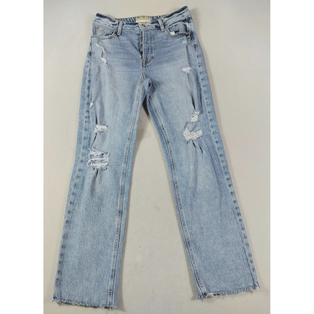 Maurices Jeans Womens 10 Blue High Rise Straight Distressed Button Fly Raw Hem
